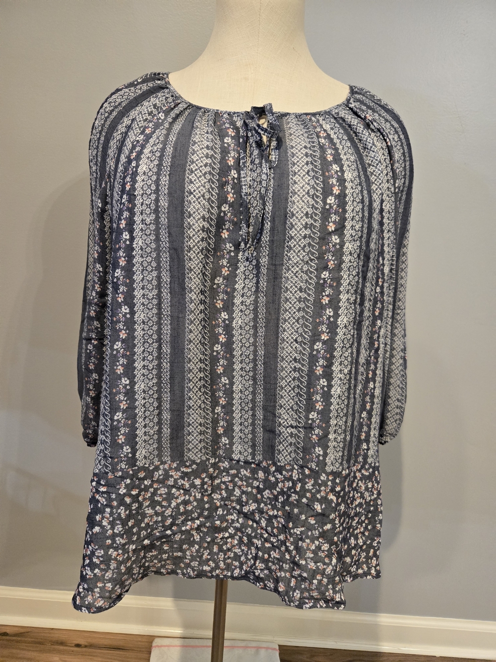 Fred David Navy Blue Striped Floral Peasant Blouse
